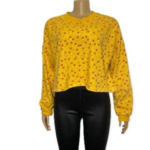 Colsie Fleece Cropped Top  Ditsy Floral Lounge Yellow and Burgundy size L